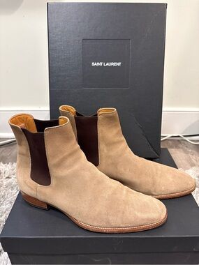 Saint Laurent Men’s Suede Chukka Boots in Beige and Dark Brown